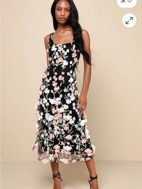 Lulu's Black Floral Midi Dress with Pink & White Flowers